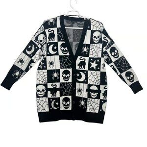 Torrid Cardigan Womens O/L Black White Halloween Print Button Front V-Neck Knit